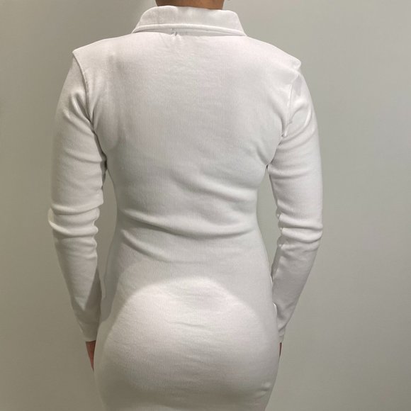 White Ribbed Long Sleeve Ruched Mini Dress - Picture 2 of 6